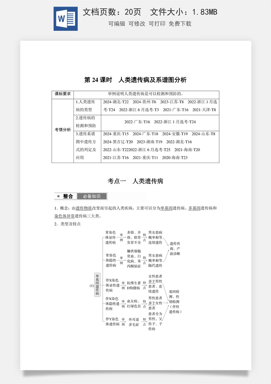 高中-高考总复习-生物-第五单元　第24课时　人类遗传病及系谱图分析.docx